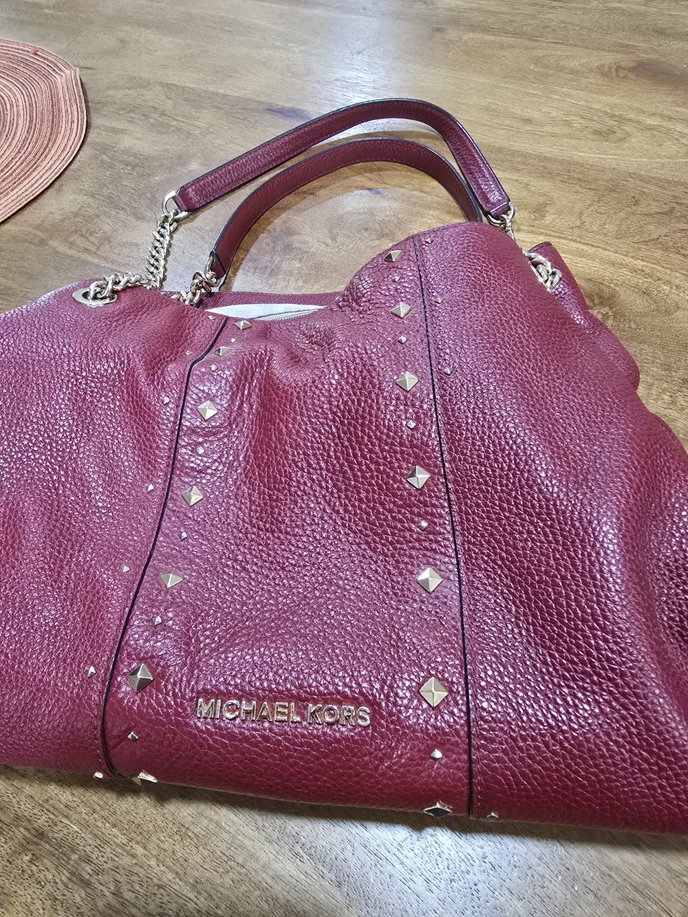 MICHAEL KORS Pebbled Leather Studded Tote in Berry Red